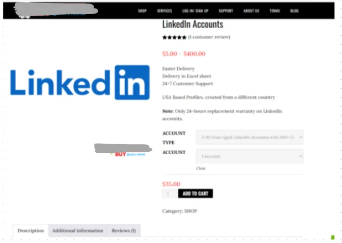 Vendor product page for an aged LinkedIn account priced $35 with an Add to Cart button