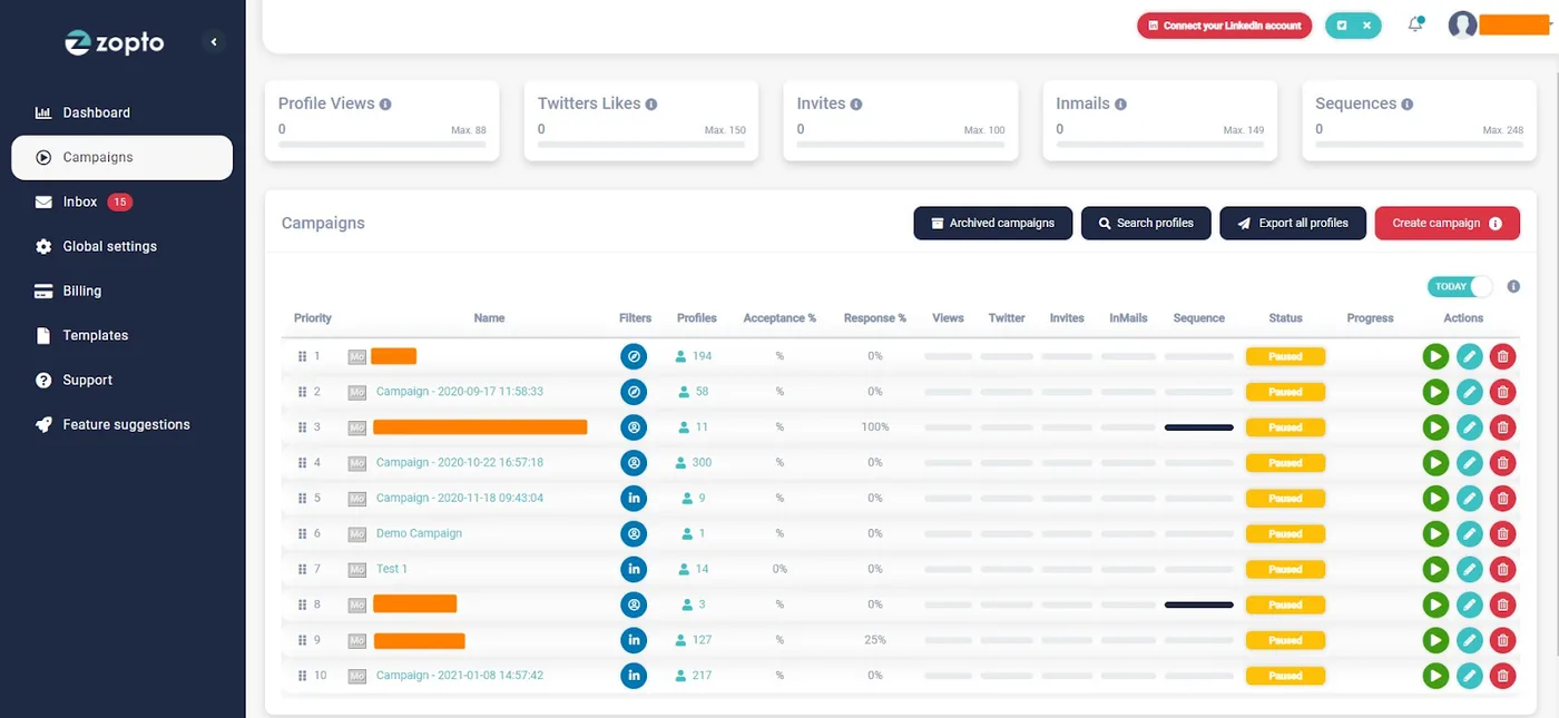 Zopto campaigns dashboard listing LinkedIn campaigns with acceptance and response rates