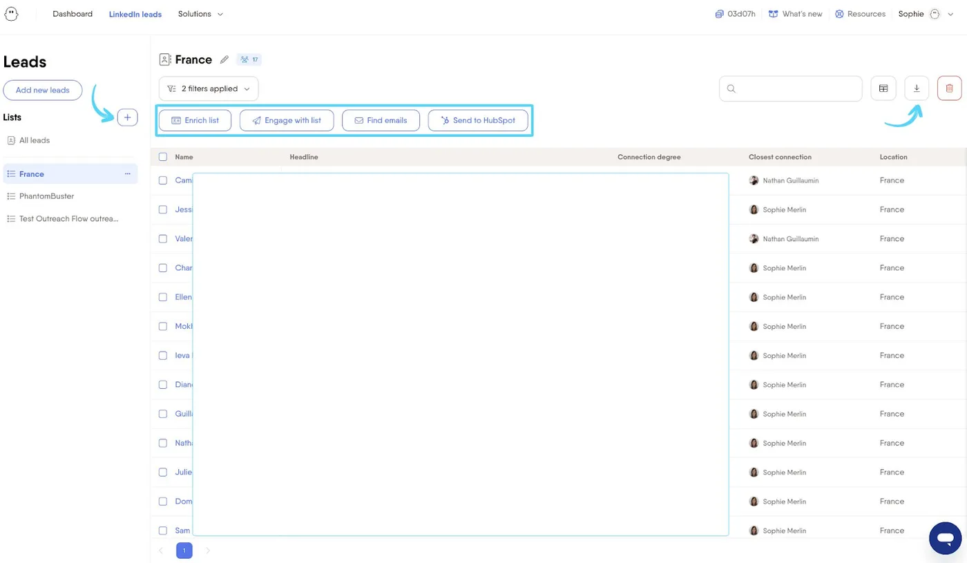 PhantomBuster LinkedIn leads list with enrich, find-emails and send-to-HubSpot actions