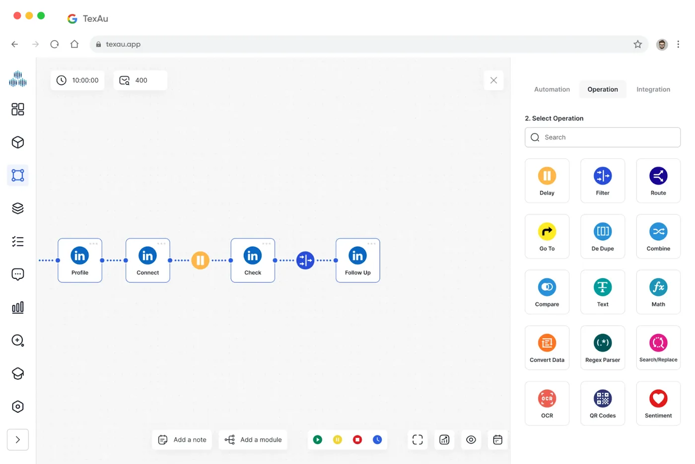 TexAu visual workflow builder chaining LinkedIn profile, connect, check and follow-up steps