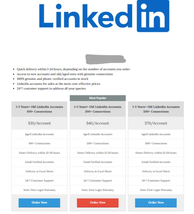 Website selling LinkedIn accounts for $30–$70 with “24/7 support”