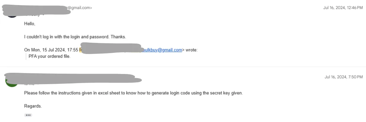 Seller email reply telling buyer to “generate login code using the secret key”
