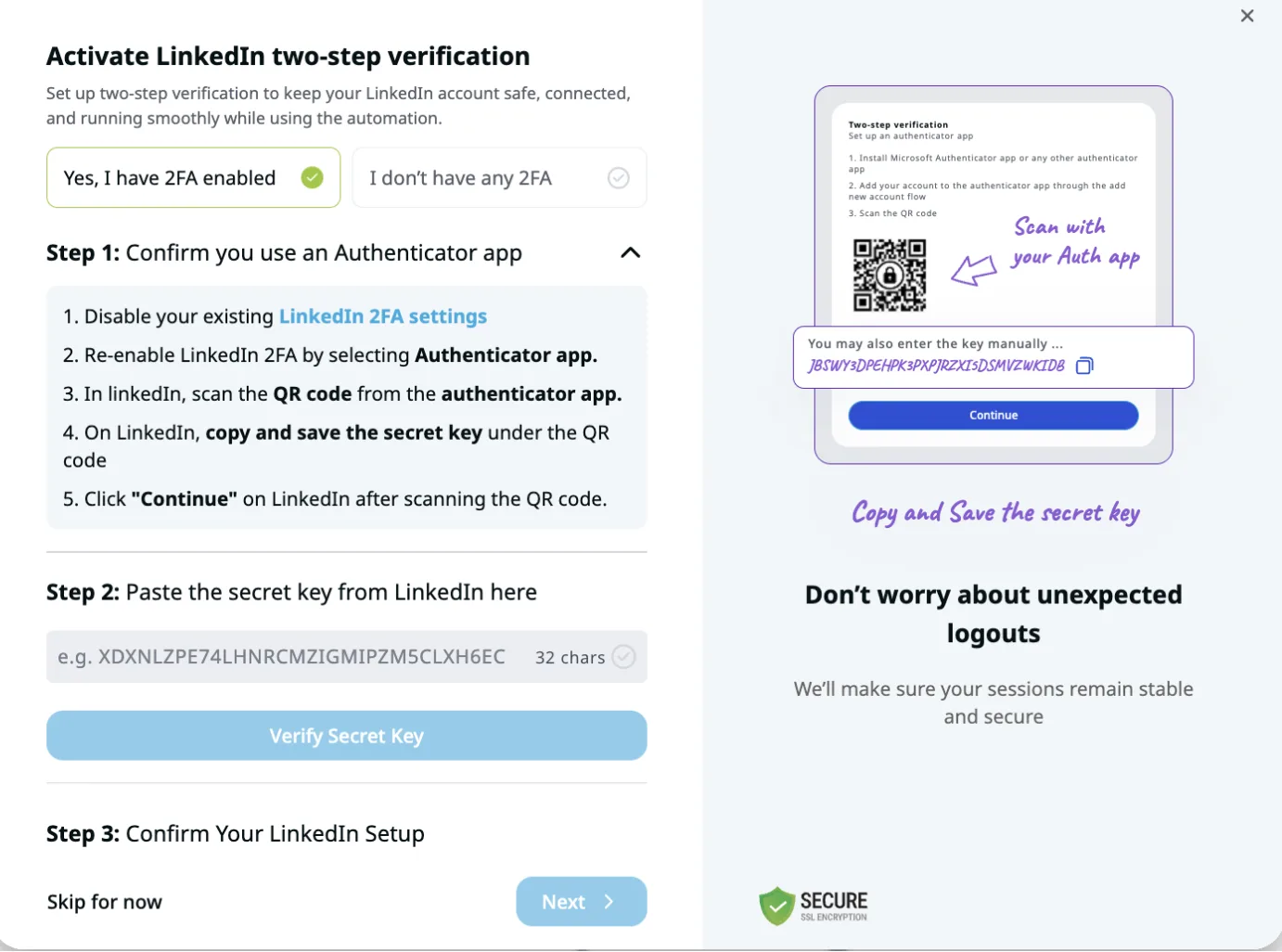 Expandi — activate LinkedIn 2FA step