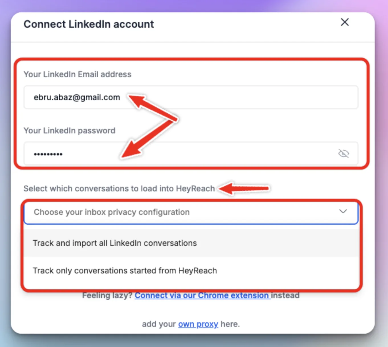 HeyReach — enter LinkedIn credentials