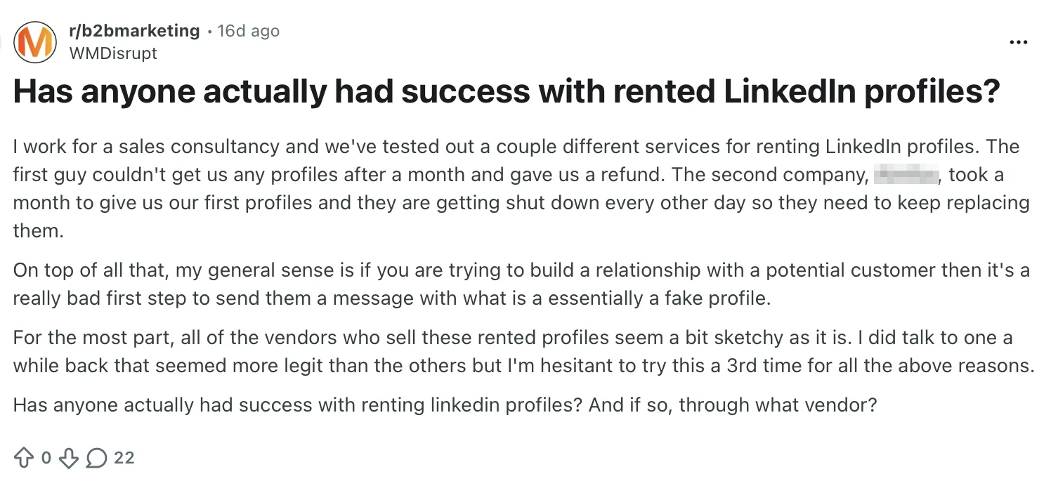 Reddit post in r/b2bmarketing asking whether anyone has had success with rented LinkedIn profiles, describing one vendor that never delivered and a second whose profiles kept getting shut down