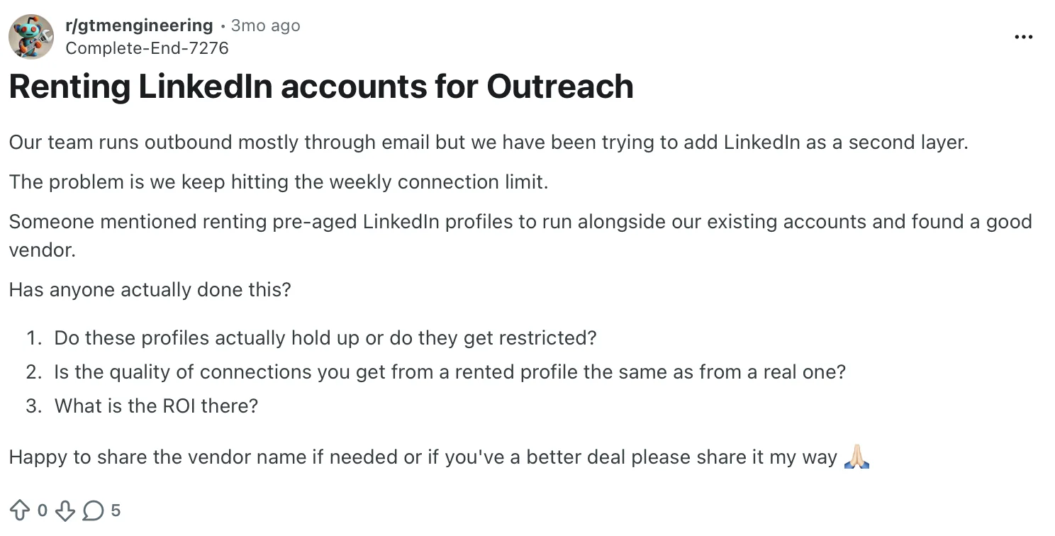 Reddit post in r/gtmengineering asking whether rented LinkedIn profiles hold up or get restricted, whether the connection quality matches a real profile, and what the ROI is