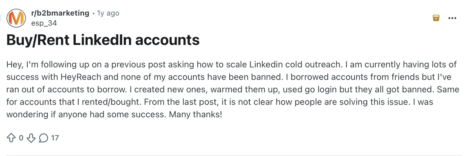 Reddit post in r/b2bmarketing describing borrowed, newly created, bought and rented LinkedIn accounts all getting banned while scaling cold outreach