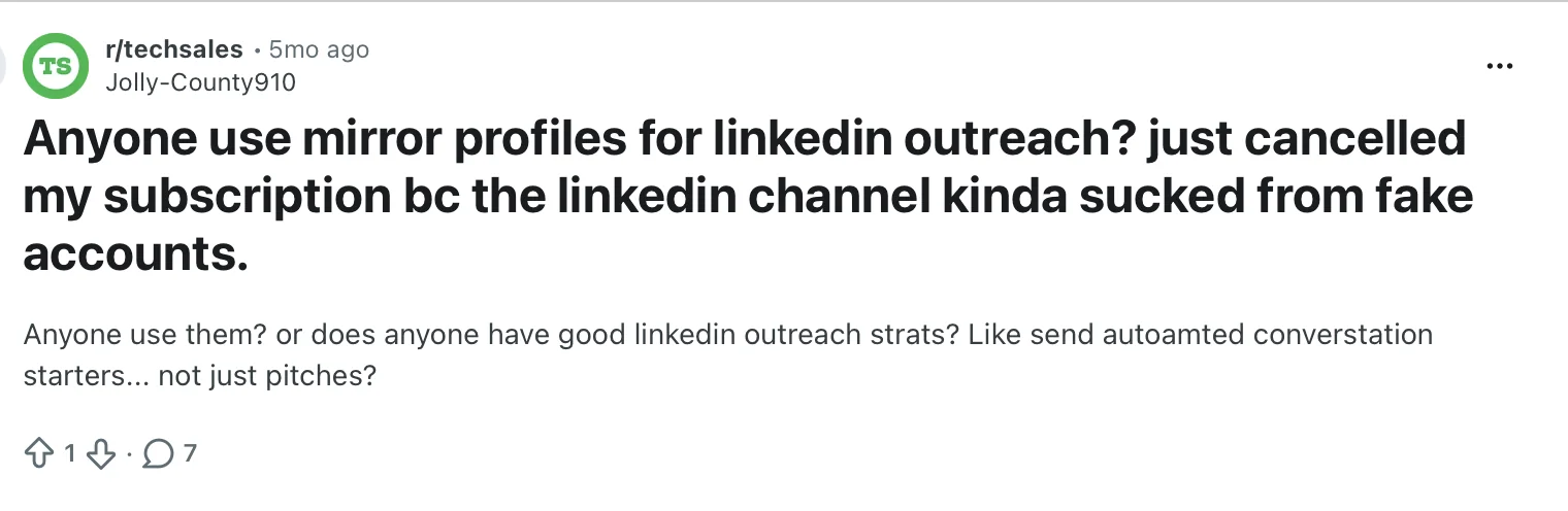Reddit post in r/techsales about cancelling a LinkedIn profile subscription because the channel underperformed with fake accounts, asking for conversation starters instead of pitches