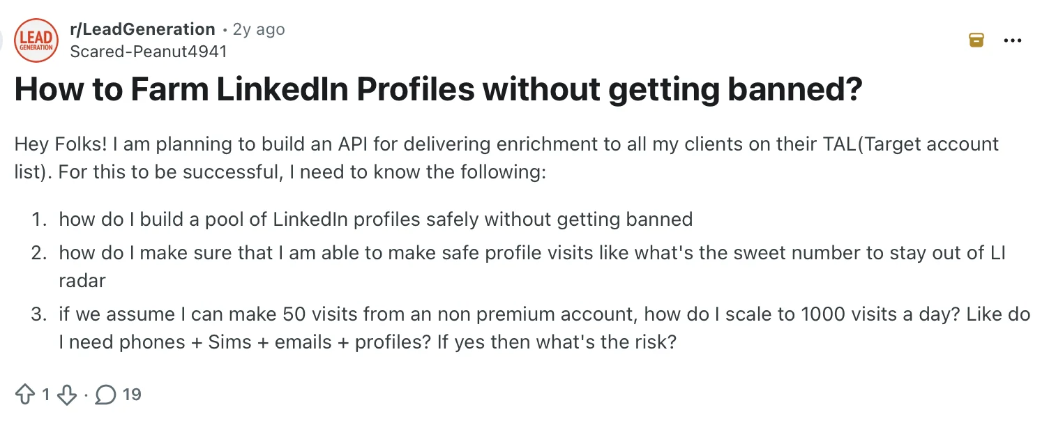 Reddit post in r/LeadGeneration asking how to build a pool of LinkedIn profiles safely, what a safe number of profile visits is, and how to scale to 1,000 visits a day
