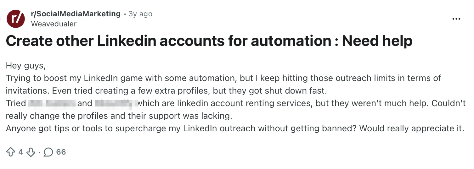 Reddit post in r/SocialMediaMarketing about extra LinkedIn profiles being shut down fast and two account rental services that would not let the profiles be changed