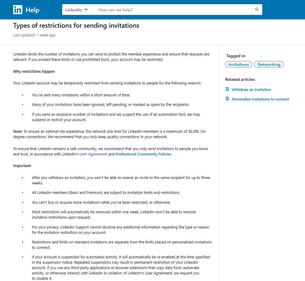 LinkedIn Help article on types of invitation restrictions and why accounts get limited