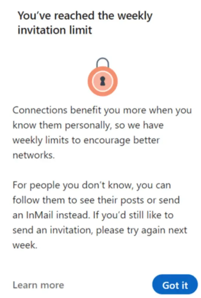 LinkedIn 'You've reached the weekly invitation limit' popup with a padlock icon