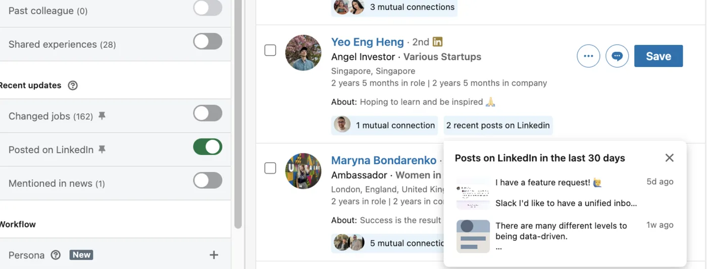 Sales Navigator lead results with the 'Posted on LinkedIn' filter and recent-activity signals