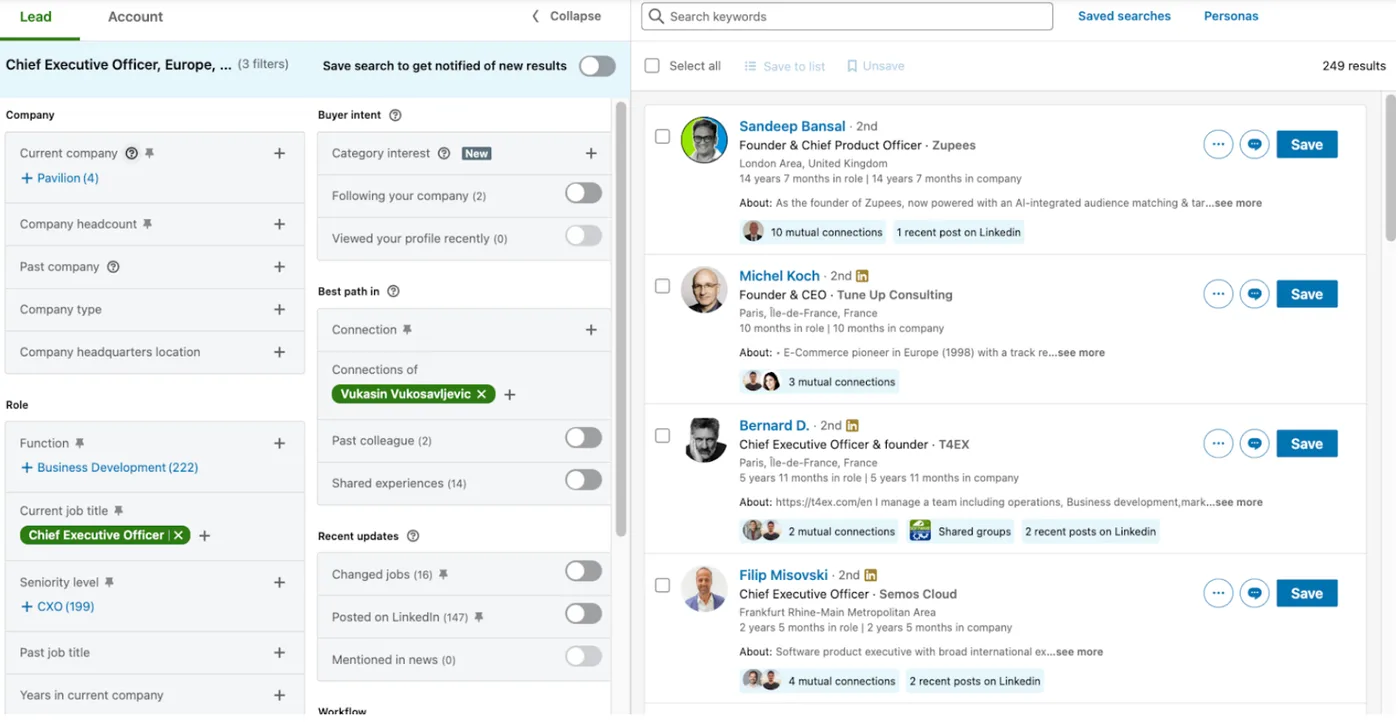 Sales Navigator lead filters set to CEO/CXO seniority, returning 249 targeted results