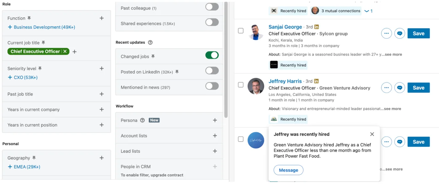 Sales Navigator 'Changed jobs' filter surfacing recently-hired executives as a timing signal