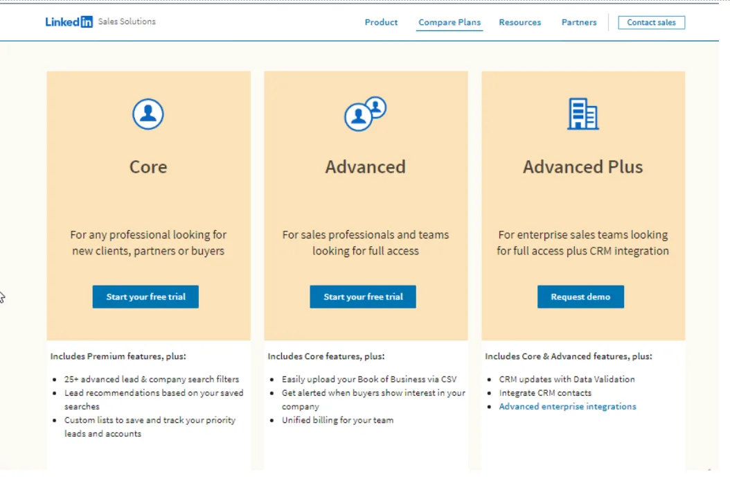 LinkedIn Sales Navigator plan comparison — Core, Advanced and Advanced Plus tiers