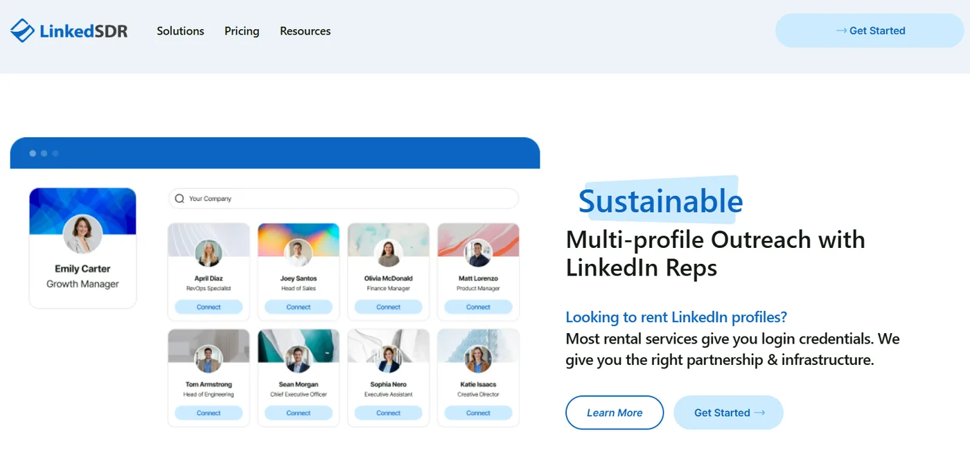 LinkedSDR homepage promoting sustainable multi-profile outreach with rentable LinkedIn reps
