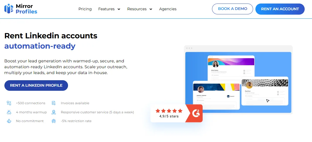 MirrorProfiles homepage advertising automation-ready rentable LinkedIn accounts
