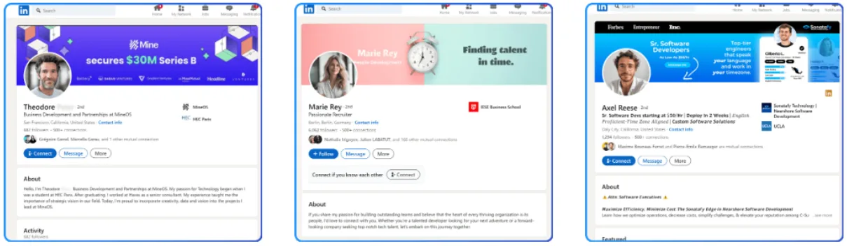 Three MirrorProfiles synthetic LinkedIn profile examples with banners and headlines