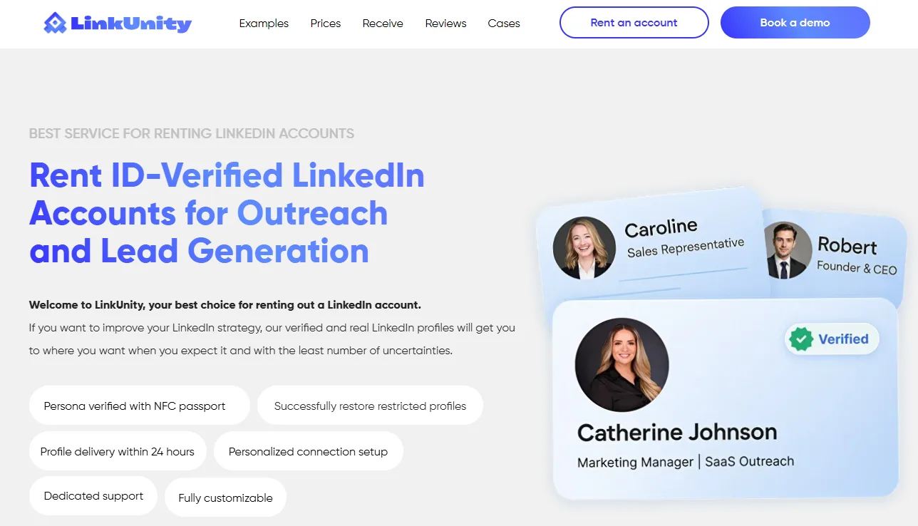 LinkUnity homepage advertising ID-verified rentable LinkedIn accounts for outreach