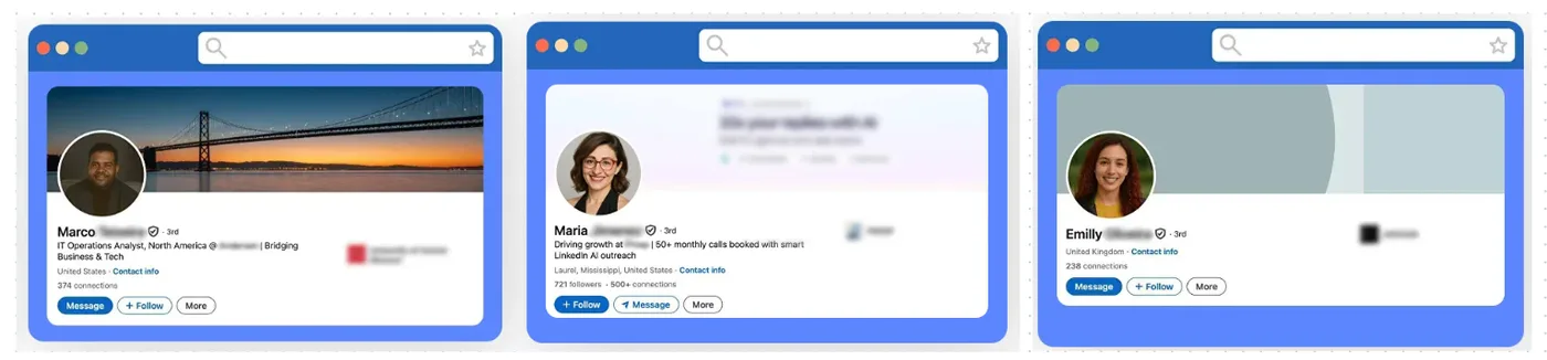 Three LinkUnity ID-verified LinkedIn profile examples