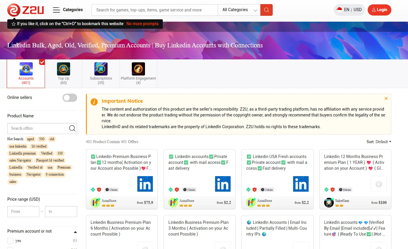 Z2U marketplace listing bulk aged and verified LinkedIn accounts for sale