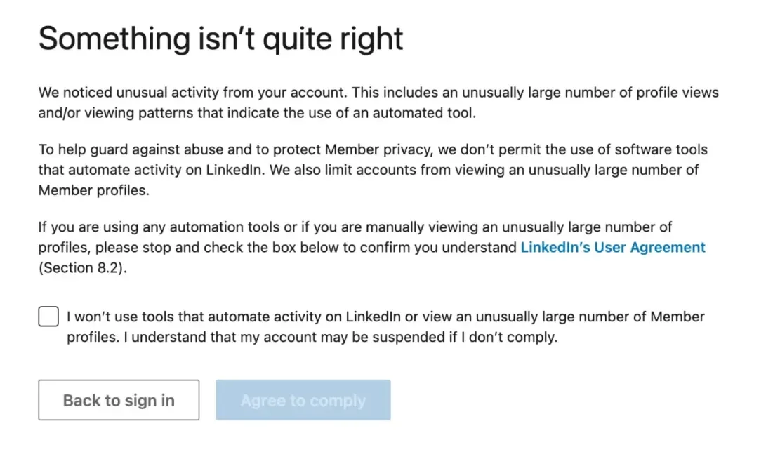 LinkedIn 'Something isn't quite right' automation-detection warning citing unusual activity
