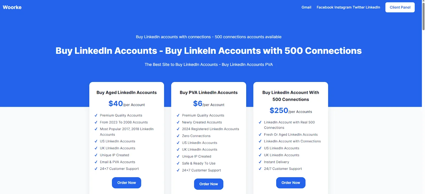 Woorke website selling fresh and aged LinkedIn accounts marketed as 'ready to use'