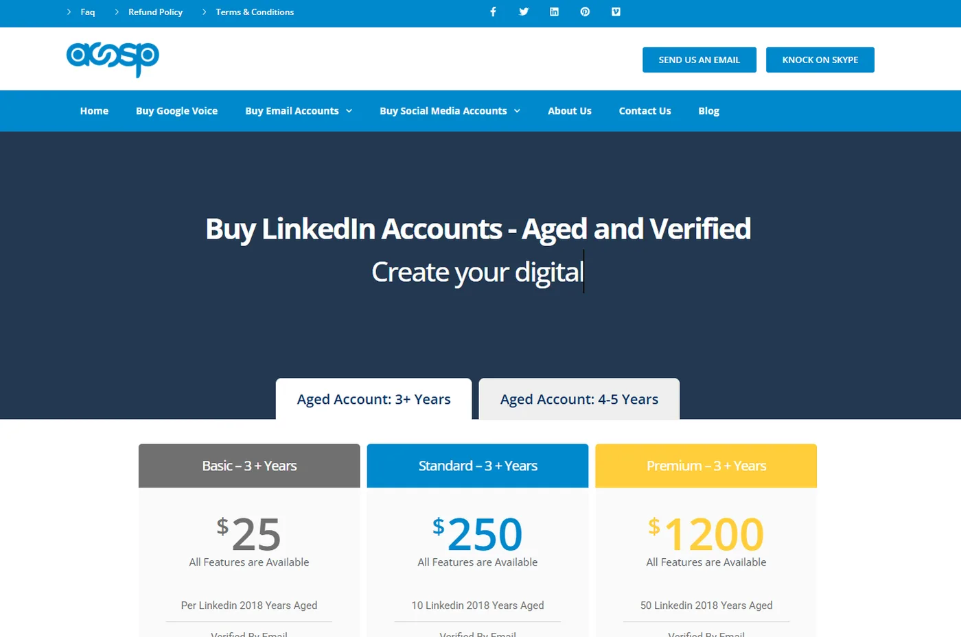 Accounts Provider website selling aged, verified LinkedIn accounts in Basic/Standard/Premium tiers