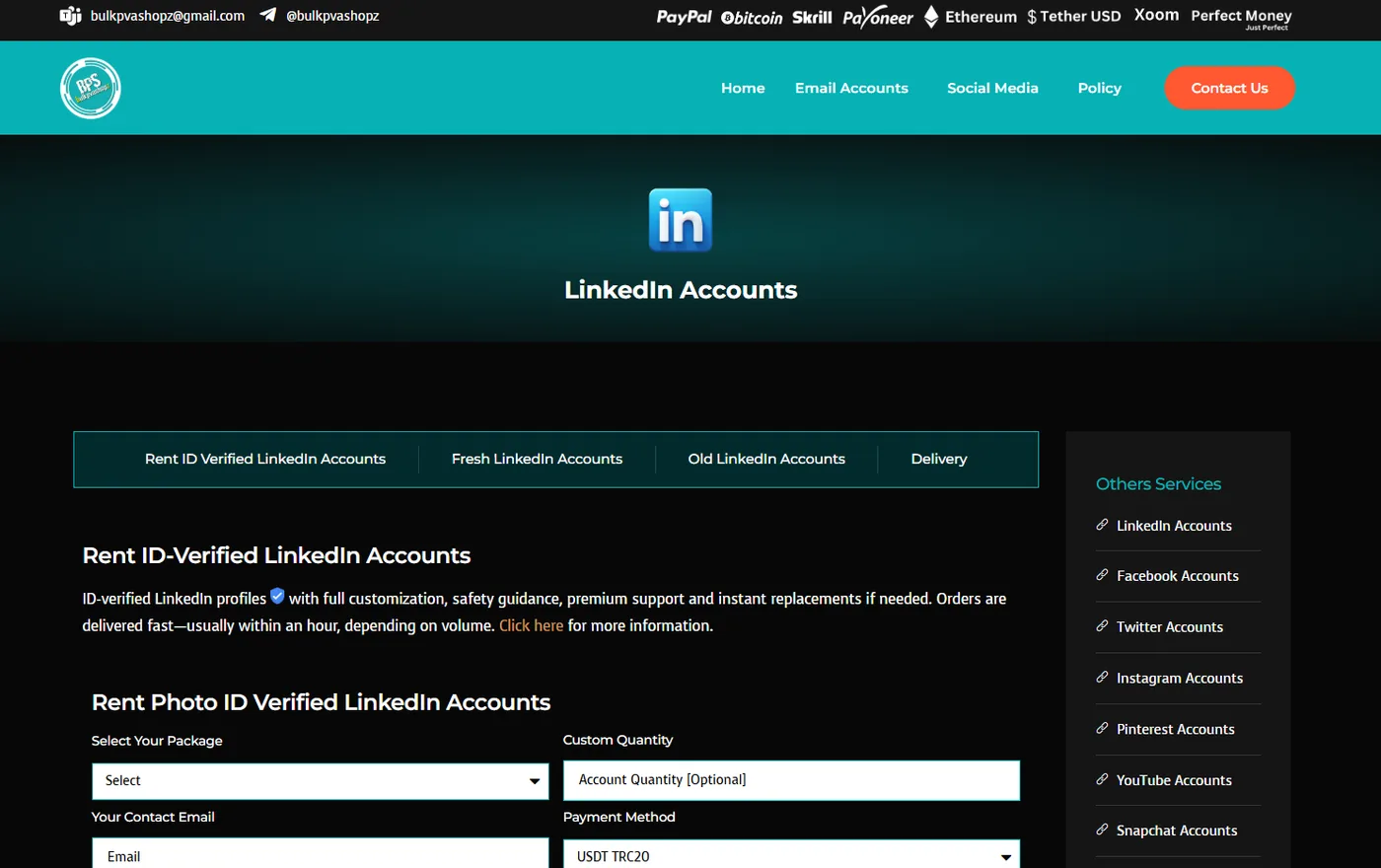 Bulk PVA Shopz website selling phone-verified LinkedIn accounts with custom orders