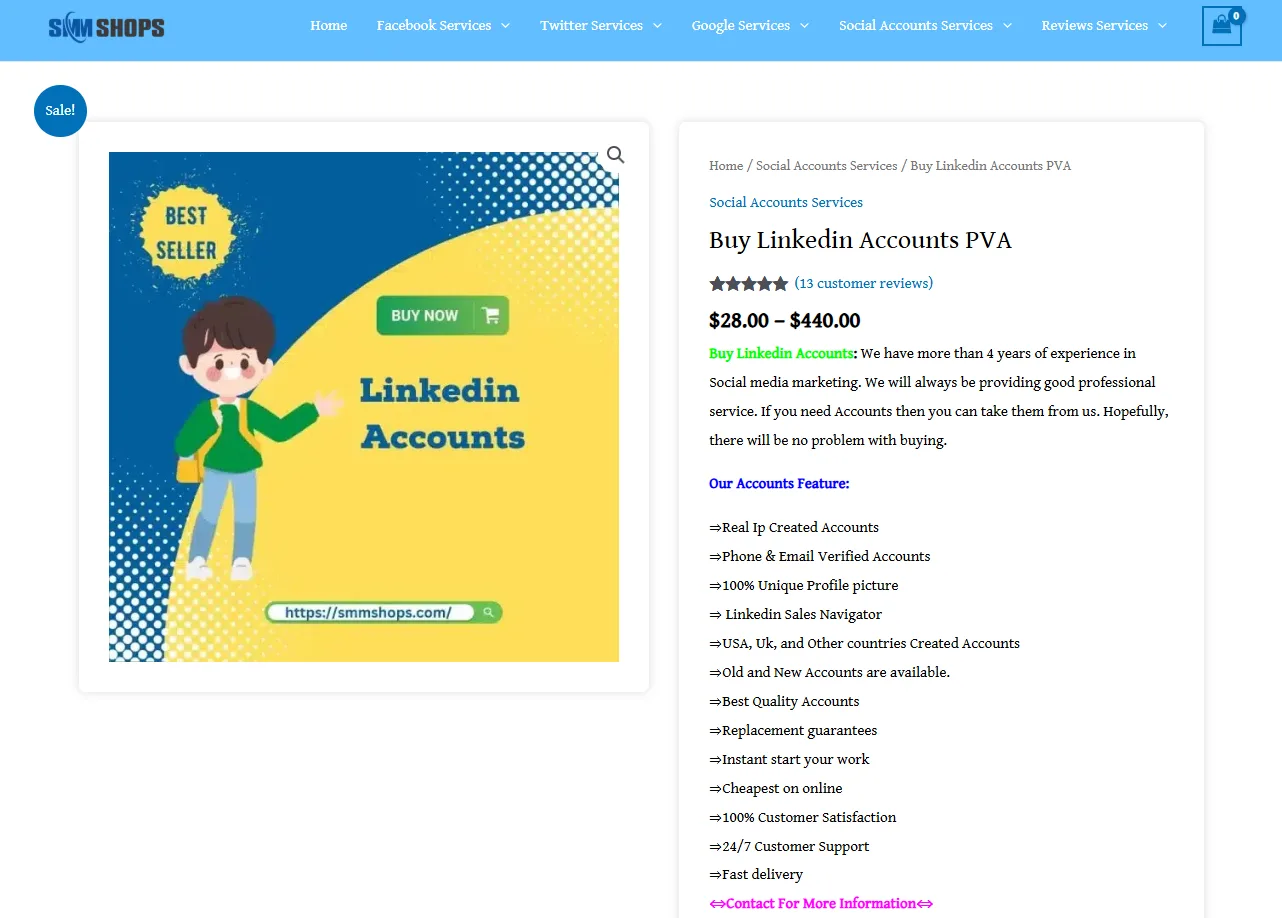 SMM Shops website selling LinkedIn accounts with a money-back guarantee