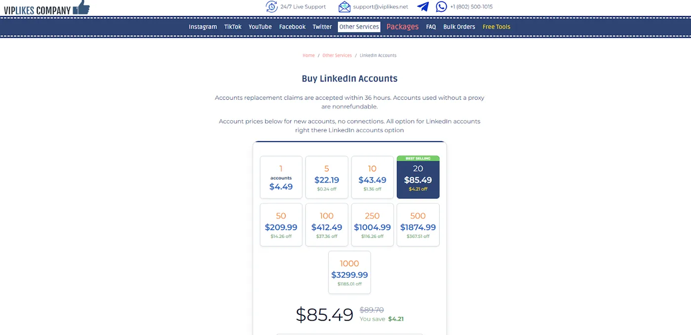 VIP Likes website selling LinkedIn accounts, connections and followers
