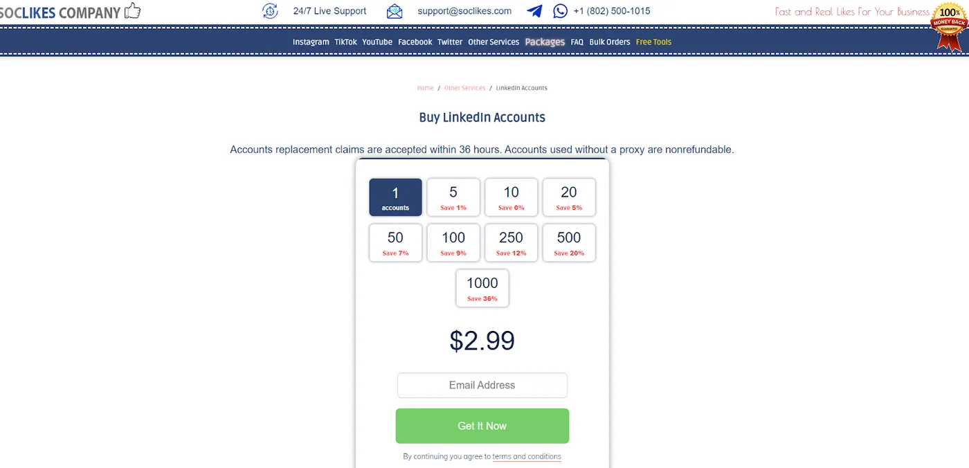 Soclikes website selling bulk LinkedIn account packages