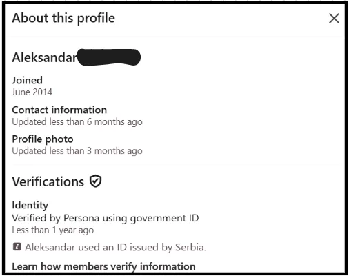 LinkedIn Verifications panel showing “Identity: Verified by Persona using government ID issued by Serbia”