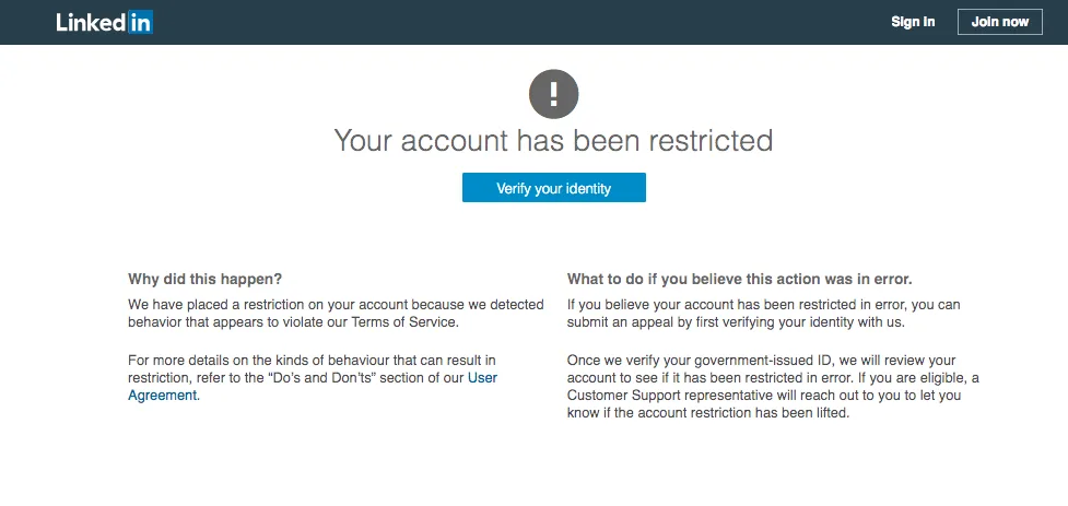 LinkedIn account-restricted page with a 'Verify your identity' button and explanation
