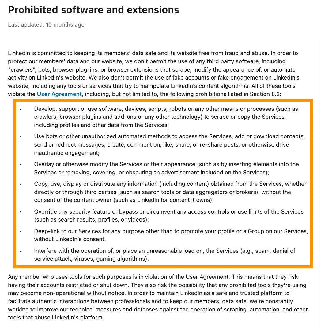 LinkedIn Help article on prohibited software and extensions, listing banned automation and scraping tools