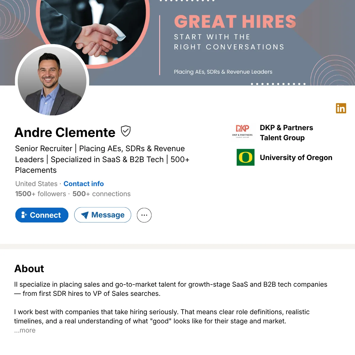 LinkedIn profile of Andre Clemente with a verification badge, current company and 500+ connections